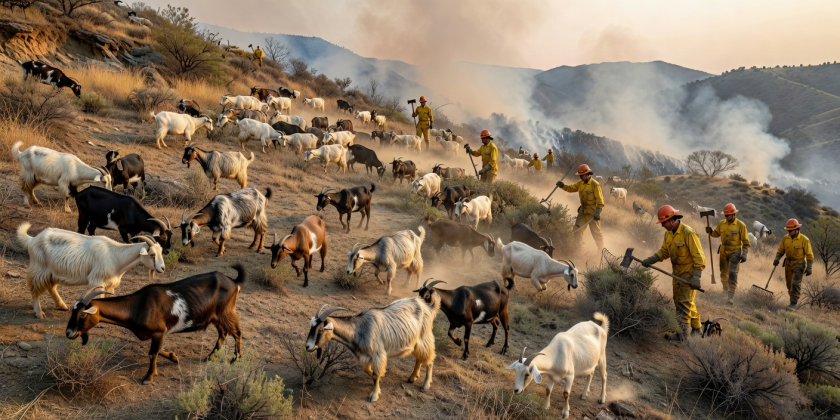 Herd of goats grazing on steep hillside during wildfire brush management contract