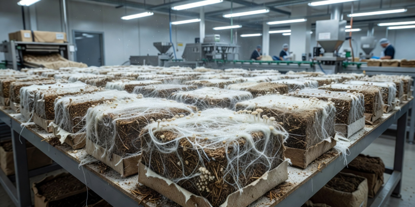 Mushroom mycelium fungi growing on organic substrate in sustainable packaging factory