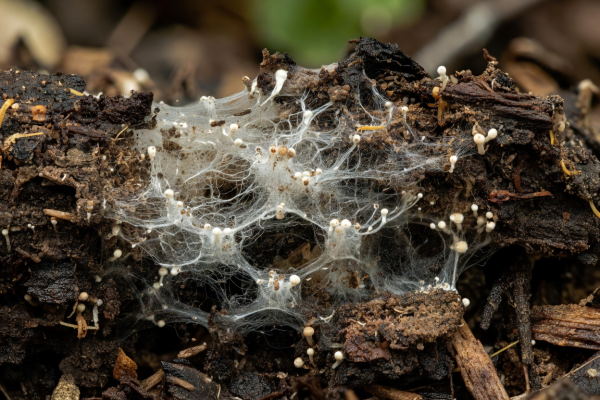Natural wild green mushrooms and organic soil representing mycelium materials